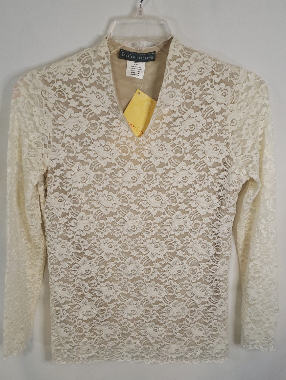 Jessica Holbrook Ivory Stretch Lace Lined Long Sleeve Top, Medium